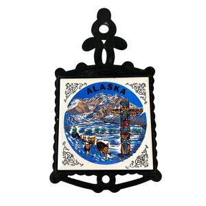 Vintage Alaska Trivet Tile in Iron Holder State Souvenir Totem Husky Sled Dogs